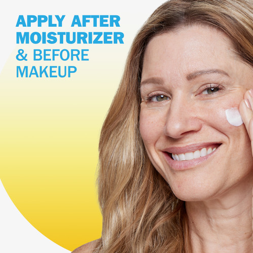 Model applying Prime + Protect Facial Sunscreen with Vitamin C SPF 35 to face. Apply after moisturizer and before makeup