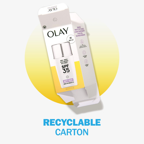 Prime + Protect Facial Sunscreen with Vitamin C SPF 35 bottle in packaging.  Recyclable carton.
